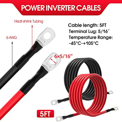 6 AWG Battery Cables 6 Gauge Battery Power Inverter Cable with 5/16 Inch Tinned Copper Lugs Both Ends for Solar Marine Boat RV Car Motorcycle 2 pcs (5FT) - size: 5FT