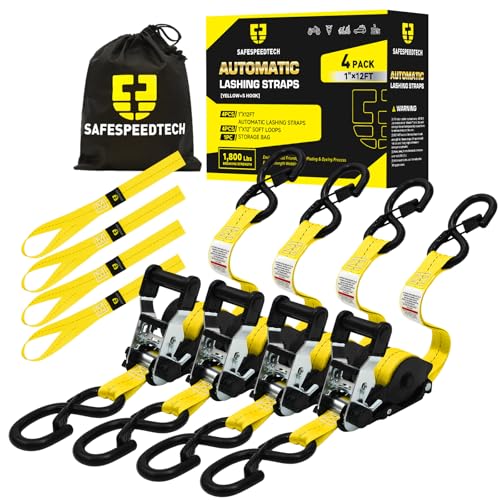 Retractable Ratchet Straps (4pk) - 1 inch x 12 feet (1800lb Break Stength) - Heavy Duty Retractable Straps - Self Retracting Tie Downs with Soft Loops - Auto Ratchet Straps for Truck, Motorcyle, UTV - color: Yellow, size: Retractable 1800LB - 12Ft
