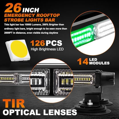 ASPL 26inch 126 LED Emergency Rooftop Strobe Lights Bar w/Controller Double Side Warning Hazard Snow Plow Flashing Light Traffic Advisor Safety Light for Work Trucks Vehicles Tow Pickup(Green/White) - color: Green/White