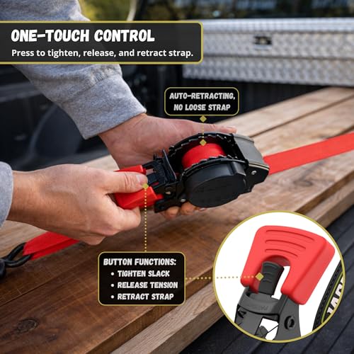JACO Retractable Ratchet Straps - 1 in x 15 ft (2-Pack) (1,760lbs Break Strength) | Auto Self Retracting Cargo Tie Down Strap Set (Red) - color: Red, size: 2-Pack
