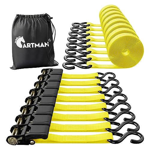 Cartman Ratchet Tie Down, 8Pk 15Ft, 500Lbs Load Cap/ 1500Lbs Break Strength, Cargo Straps for Moving Appliances, Lawn Equipment, Motorcycle in a Truck, with Carry Bag - style: 8PK Yellow