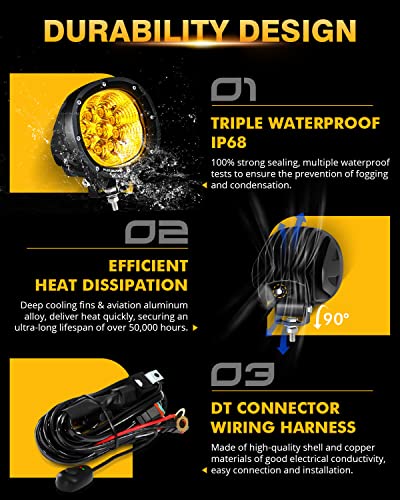Auxbeam P4 Series Amber Round Fog Lamps 4-Inch 90W Flood Light Pods | Yellow driving lights for rain dust snow, 4x4 ATV Jeep truck motorcycle ditch lights, LED offroad light bar 2-pack - color: P4 Series Amber Flood Lights