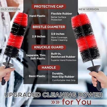 (Upgraded) TAKAVU Premium Wheel & Tire Brush, Long Bristle Detailing Brush for Effortless Rim & Tire Cleaning, Non-Slip Handle, Built-in Knuckle Guard, Deep Reach for Brake Dust & Dirt Removal (Red) - color: Red & Black - Big Brush