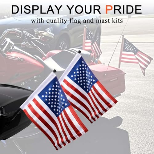 FOVPLUE 15" x 11" American Flag Kit,Clamp On Motorcycle Flag Pole Mount for Harley Touring Hard Saddlebags,Tour Luggage Pack,Luggage Carrier,car/truck roll-down window, 2-Pack
