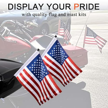 FOVPLUE 15" x 11" American Flag Kit,Clamp On Motorcycle Flag Pole Mount for Harley Touring Hard Saddlebags,Tour Luggage Pack,Luggage Carrier,car/truck roll-down window, 2-Pack