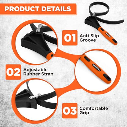 2-Piece Strap Wrench Set, Adjustable Rubber Oil Filter Wrench Max Diameter 4" and 6", Jar Opener Set Heavy Duty Blet Wrenches for Drain Sewer Cap Sink Pliers Nut Shower Head Valve Removal - style: 2-Pc Strap Wrench Set - Orange