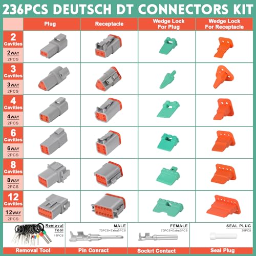 236PCS DT Deustch Connector Kit with Wire Crimper, 2 3 4 6 8 12 Pin Waterproof Automotive Electrical Connectors Plug, with Removal Tool and Size 16 Stamped Formed Contacts(14-20AWG) - size: 236PCS