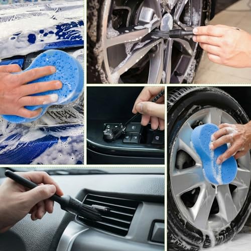 Baderke 9 Pcs Car Windshield Cleaner Tool Kit with with Extendable Handle, Microfiber Towel Pads, Sponge, Ventilation Brush, Empty Spray Bottle for Auto Glass Wiper Suvs Rvs & Home Windows(Blue) - color: Blue