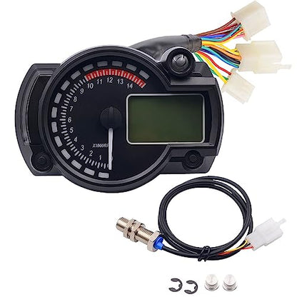Motorcycle Multi-Function Speedometer Tachometer Odometer Oil Gauge Water Temperature Gauge Liquid Crystal Display Adjustable Miles with Left and Right Turn Signal high Beam Function 12V