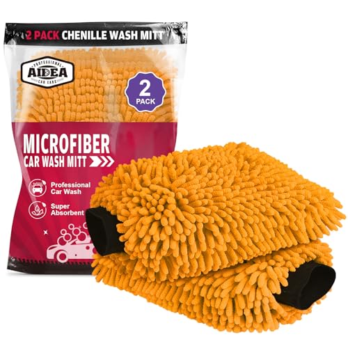 AIDEA Car Wash Mitt Microfiber, 2PK Scratch Free Lint-Free, Premium Chenille Microfiber Mitt Car Wash Brush, Orange, Extra Large Size 8''X12'' - color: Orange, size: 2PK-8''X12''