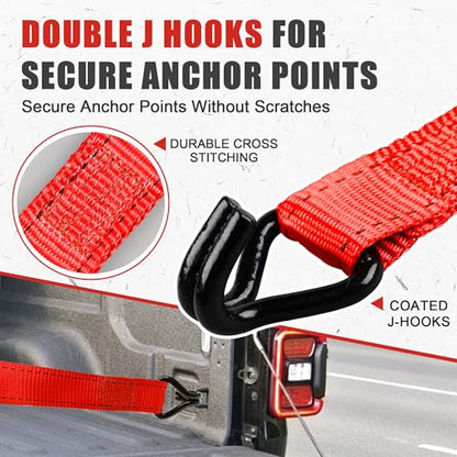AWELCRAFT Ratchet Straps(4 Pack),3300lb Breaking Strength,1.5in×10ft Heavy Duty Tie Down Ratcheting with Padded Handles,Double J Hooks & 4 Soft Loops for Trailer,Trucks,Motorcycle(Red) - color: Red