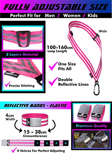 FREEMOVE Reflective SASH with 2 Bands - or - Reflective Runners Waist Belt with 4 Arm Bands > Easy to Put On/Off Reflective Gear for Guaranteed Visibility & Safety for Dog Walking, Running, Cycling - color: Pink SASH and BANDS