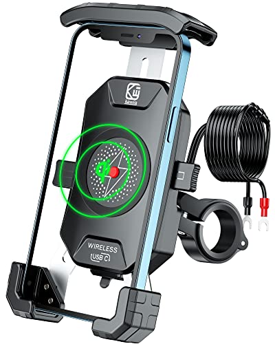 BRCOVAN Motorcycle Phone Mount Holder with Wireless & USB-C Charger | Qi 15W & PD 20W, 1s Locking Design Cellphone Clip with Aluminum Alloy Handlebar Mounting Base for 4'' - 7'' Smartphones