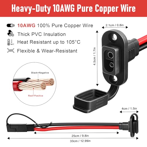 SAE Connector 1FT 10AWG, SAE Battery Quick Connect Plug Waterproof Extension Cable for Solar Panel, Street Glide, Road Glide, Motorcycle Charging Port Upgrade, RV, Solar Generator Battery Charger - size: 1FT