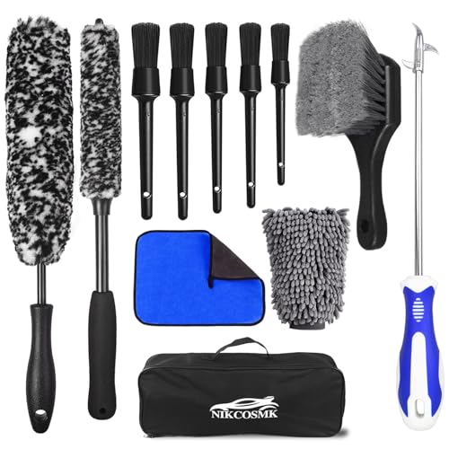12Pcs Wheel Brush Kit for Cleaning Wheel and Tire, Wheel and Rim Brush, Car Detailing Brushes, Tire Brush, Bendable & Durable Car Wheel Rim Cleaner Brush Set,Car Detailing Cleaning Brush Supplies Kit - color: Black