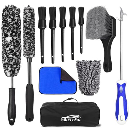 12Pcs Wheel Brush Kit for Cleaning Wheel and Tire, Wheel and Rim Brush, Car Detailing Brushes, Tire Brush, Bendable & Durable Car Wheel Rim Cleaner Brush Set,Car Detailing Cleaning Brush Supplies Kit - color: Black