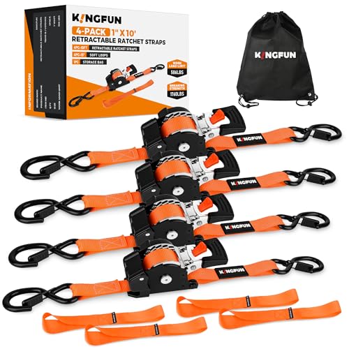 Kingfun Retractable Ratchet Straps (4-Pack) - 1 Inch x 10 Feet Auto Self Retracting Tie Down Straps - 1,760lb Break Strength Heavy Duty Cargo Straps for Motorcycle, ATV, UTV, Trailer & More - Orange - color: Orange