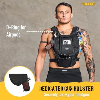 Elite Sports Running Vest w/Phone Holder, Gun Holster for Men/Women, Reflective Lightweight Chest Pack w/Touch Friendly Phone Sleeve, Camera Pocket - Chest Rig for Hiking, Trail, Marathon, Camping - size: Large