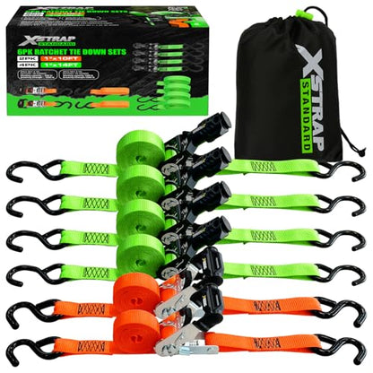 XSTRAP STANDARD 6-PK Ratchet Tie Down Straps, Heavy Duty Motorcycle Straps | 1 Inch 4 x 14ft & 2 x 10ft Tie-down, 3300 lbs Break Strength Cargo Straps with Coated S-Hooks for Moving, Truck, UTV, Trailer