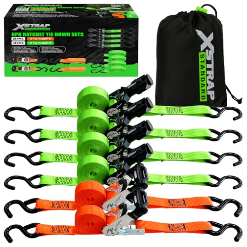 XSTRAP STANDARD 6-PK Ratchet Tie Down Straps, Heavy Duty Motorcycle Straps | 1 Inch 4 x 14ft & 2 x 10ft Tie-down, 3300 lbs Break Strength Cargo Straps with Coated S-Hooks for Moving, Truck, UTV, Trailer
