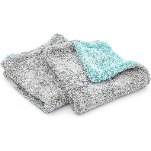 The Rag Company, The Liquid8r, Absorbent 70/30 Blend Microfiber Drying Towel for Cars, Trucks, and SUVs, Safe for Detailing, Scratch-Free, Twist Loop, 1100 GSM, 16x16 Inches, Aqua Blue/Grey, 2-Pack - color: Aqua Blue, size: 16in x 16in