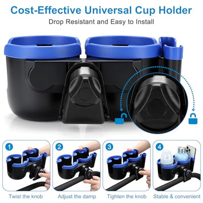 Accmor Stroller Cup Holder with Phone Holder, Bike Cup Holder, Universal Cup Holder for Uppababy Nuna Doona Strollers, 2-in-1 Cup Holder for Walker, Wheelchair, Scooter - color: Double Holder-Blue
