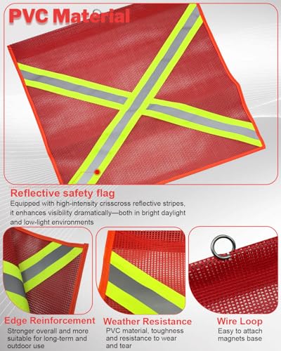 Safety Flags for Trucks with Heavy Duty Magnets Kit, 18 x 18 Inch Reflective Safety Flag with Wire Loop High Visibility Cross-Reflective Strip for Truck Hunting Bike Trailer Hauling (Red-4 Set) - color: Red Magnetic Safety Flags with Cross Reflective Stri