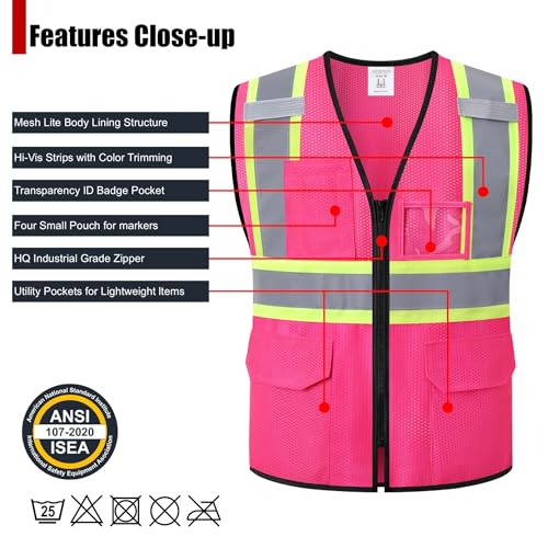 Reflective Safety Vest for Men Women Hi Vis Vest with Pockets High Visibility Vest Mesh Construction Vests Meets ANSI/ISEA Standards (Pink-33, Small) - color: Pink-33, size: Small