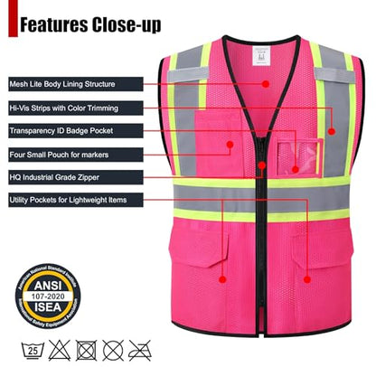Reflective Safety Vest for Men Women Hi Vis Vest with Pockets High Visibility Vest Mesh Construction Vests Meets ANSI/ISEA Standards (Pink-33, Medium) - color: Pink-33, size: Medium