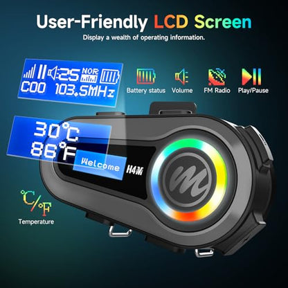 Moman Motorcycle Helmet Headsets Speaker, Hands‑Free Hi-Fi Speakers Dual Noise Cancellation with Loud Sound, Voice Assistant IPX6 Waterproof with RGB FM Radio for All Helmets and Solo Riding (H4M) - style: H4M