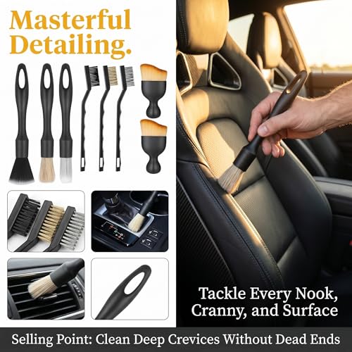 8 PCS Car Detailing Brush Set for Cleaning Interior or Exterior, Dusting Cleaning Supplies, Tool for Emblem, Air Vents, Wheels, Leather Upholstery Seat