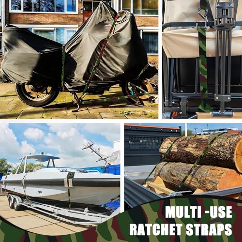 AWELCRAFT Ratchet Straps 4 Pack,1 Inch x 15 Feet Tie Down Ratcheting Strap,1500lb Breaking Strength with S-Hook,4X Soft Loops for Moving Appliances,Lawn Equipment,Truck,Motorcycle(Camouflage) - color: Camouflage