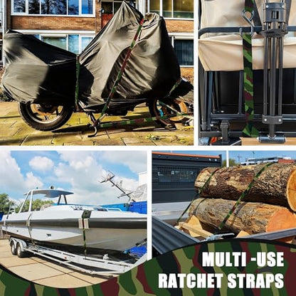 AWELCRAFT Ratchet Straps 4 Pack,1 Inch x 15 Feet Tie Down Ratcheting Strap,1500lb Breaking Strength with S-Hook,4X Soft Loops for Moving Appliances,Lawn Equipment,Truck,Motorcycle(Camouflage) - color: Camouflage