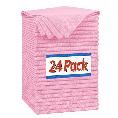 FIXSMITH Microfiber Cleaning Cloth, Shop Towels Bulk, 24 Pack Pink Microfiber Towels for Cars, All-Purpose Absorbent Cleaning Rags, Dust Cloth for Automotive, Mechanic, Garage, Bar, 12 x 11 inch - color: Pink, size: 24PK