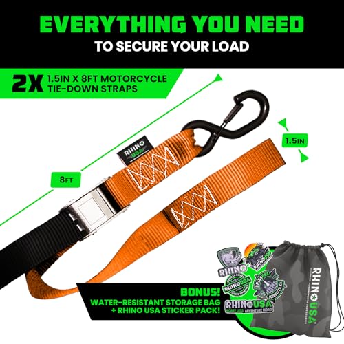 Rhino USA Motorcycle Tie Down Straps (2 Pack) Lab Inspected 2,200lb Break Strength, Steel Cambuckle Tiedown Set with Integrated Soft Loops - Better Than a Ratchet Strap (Orange 2-Pack) - color: Orange 2-Pack