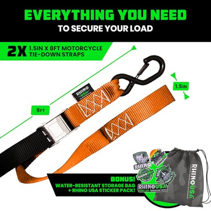 Rhino USA Motorcycle Tie Down Straps (2 Pack) Lab Inspected 2,200lb Break Strength, Steel Cambuckle Tiedown Set with Integrated Soft Loops - Better Than a Ratchet Strap (Orange 2-Pack) - color: Orange 2-Pack