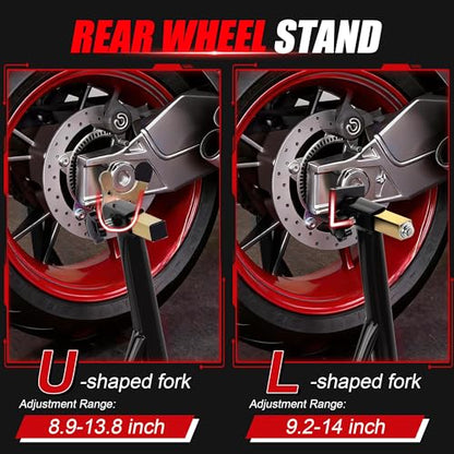Universal Motorcycle Stand Set, 900 Lbs Capacity Front and Rear Wheel Lift Stands with U+L Adjustable Swingarm Spool Support, Heavy Duty Paddock Stands Fit for Honda, Yamaha, Kawasaki, Suzuki - color: Black