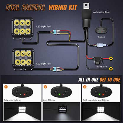Nilight 4 Inch Square LED Pod Lights with DRL 60W 6487LM 10 Degree Super Spot Beam 16AWG Wiring Harness Kit for Auxiliary Offroad Driving Work Lamp for Truck UTV ATV SUV 4x4 Jeep - color: 6LED Spot Pod w/ White DRL