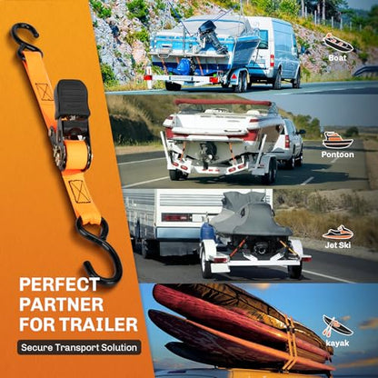 WELLUCK Boat Trailer Transom Tie Down Straps 2400 LBS, 1 Inch x 4 FT Heavy Duty Retractable Ratchet Straps Tie Downs to Trailer Marine Jet Ski Pontoon, with Quick Release Buckle & Anti-Scratch Hooks