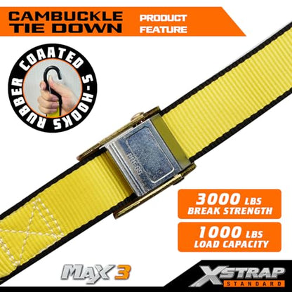 XSTRAP STANDARD Motorcycle Tie Down Straps (2 Pack) 3,000lb Break Strength, 1.5 in X 8FT Heavy-Duty Cambuckle Tie Down Set with S Hook and Soft Loops, Yellow - color: Yellow