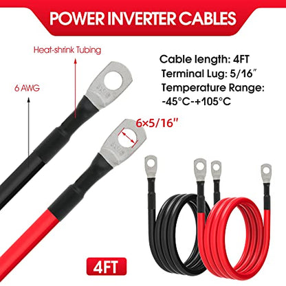 6 AWG Battery Cables 6 Gauge Battery Power Inverter Cable with 5/16 Inch Tinned Copper Lugs Both Ends for Solar Marine Boat RV Car Motorcycle 2 pcs (4FT) - size: 4FT