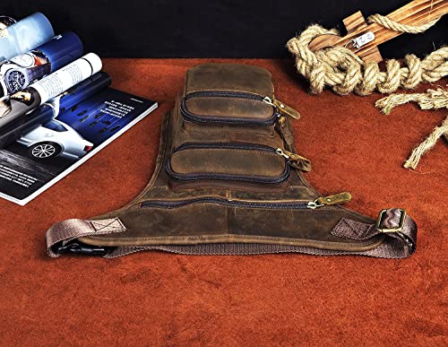 Le'aokuu Mens Genuine Leather Motorcycle Tactic Belt Waist Pack Drop Leg Cross Over Bag - color: 3111 A Brown