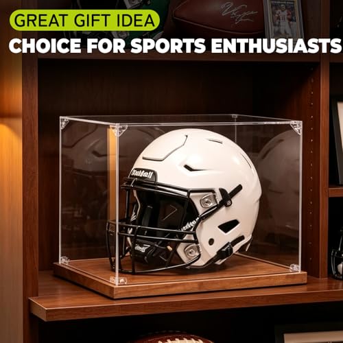 Football Helmet Display Case, Full Size Acrylic Baseball Motorcycle Helmet Showcase, UV Protection Collectibles and Souvenirs Box with Solid Wood Base and Stand, Ideal Gift for Sports Fans - size: 17.2ln×13.4ln×1.5
