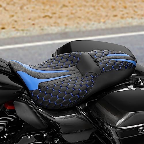 C.C. RIDER Gel 2 Up Rider Driver&Passenger Seat Fit for Harley Touring Road King Street Glide Electra Glide Tri 2009-2023 - color: GEL Seat-Blue