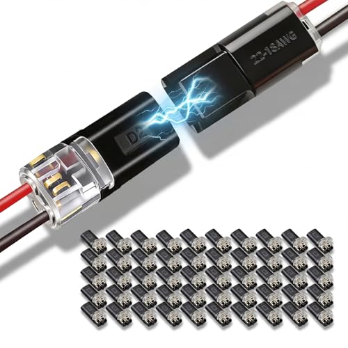 50Pcs Double Wire Plug in Connector 22-18 AWG, 2 Pin LED Light Strip Low Voltage Connectors with Locking Buckle, No Wire Stripping, Weatherproof for Automotive Wiring/Outdoor Projects/DIY Model Kits