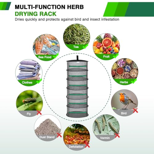 Yesker 6 Layer Herb Drying Rack Hanging Mesh Net Foldable Plant Drying Racks 24" Diameter with Green Zipper & Hook Dryer Hanging Rack for Herbs Seed Bud Fruit Clothes Grow Tent Closets Garden Outdoor - size: 6 Layers Fluorescent Green & Black with Hook