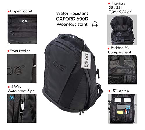OG Original EZ-Rider PRO Motorcycle Backpack Black Expandable 28-35L, Motorbike Helmet Bag, Helmet Strap, Waterproof Motorcycle Backpacks for Men with Laptop Pocket, Reflective (Black Logo) - style: Ez-rider (Black Logo)