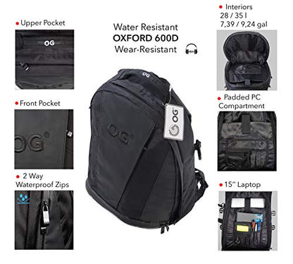 OG Original EZ-Rider PRO Motorcycle Backpack Black Expandable 28-35L, Motorbike Helmet Bag, Helmet Strap, Waterproof Motorcycle Backpacks for Men with Laptop Pocket, Reflective (Black Logo) - style: Ez-rider (Black Logo)
