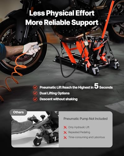 VEVOR Motorcycle Lift, 1500lbs Weight Capacity, Hydraulic & Pneumatic Motorcycle Jack, 4.1-15 in Height Range, Heavy Duty Bike Repair Stand with Removable Ramp with 2 Casters for ATVs, Dirt Bike