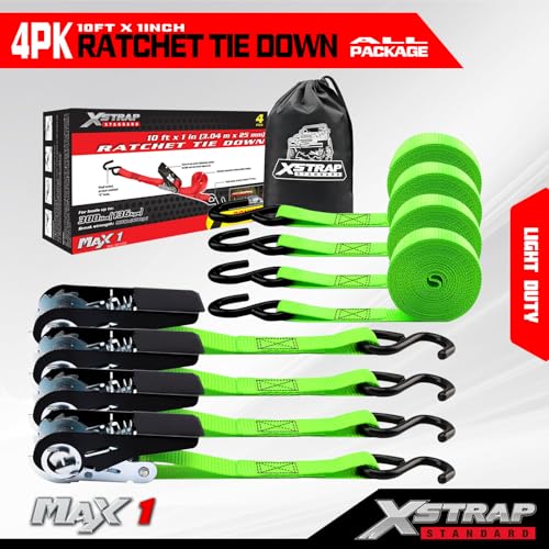 XSTRAP STANDARD Ratchet Tie Down Straps 4 Pk 10 Ft- 300 Lbs Load Cap- 900 Lbs Break Strength-Cargo Straps for UTV, ATV, Pickup,Truck, Moving Appliances, Lawn Equipment, Neon Green - color: Green, size: 4pk 1inchx10ft